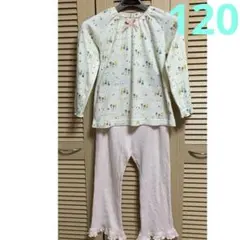 キッズ　女の子　春秋　120 花柄フリルパジャマ白×ピンク