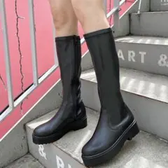 厚底ロングブーツ 黒 サイドファスナー