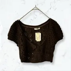a3426 ウィーバー ニット ボレロ カーディガン 茶 M 新品 毛混 半袖