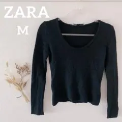 一点物✨ZARA 【M】黒 リブ編み 長袖セーター 丈短め スタイリッシュ