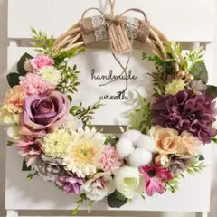 春待ちナチュラルフラワーリース　ハーフリース　玄関リース　パープルMIX