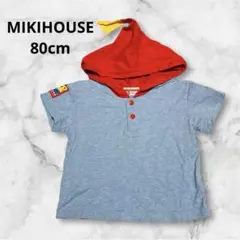 ミキハウス フード付き半袖Tシャツ 80 赤 グレー ワッペン付き キッズ
