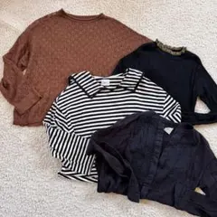 トップス　長袖 ボーダー ニット フリル リブ 黒 Tシャツ ロンT