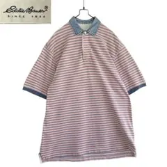 90s オーバーサイズ ボーダー フェードポロシャツ 半袖 ピンク×青 L