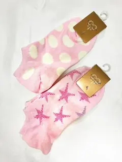 新品 靴下 2足セット レディース ピンク 星 ドット くるぶしソックス ポップのサムネイル