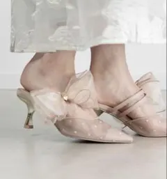 チェリーヒール サンダル ベージュ リボン - メルカリ