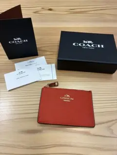 極美品 COACHカードケース コインケース 定期 リング付き オレンジ レザー