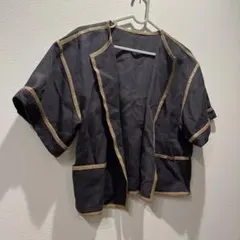 麻95%半袖ノーカラー ジャケット パイピングデザインのサムネイル