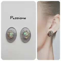 【一点物】‪立体オーロラクリア＆グレー オーバル ピアス/イヤリング