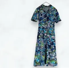 1286＊クチュールみや＊シャツワンピース 半袖 青系 総柄 フリーサイズ 花柄