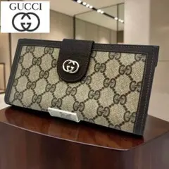 GUCCI グッチ 長財布 GG キャンバス レザー ロゴプレート フラップ