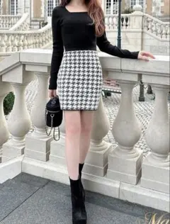 千鳥柄シャギーニットワンピース