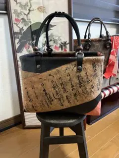 ハンドメイド 一閑張り バッグ かごバッグ 相撲番付 古文書柄 和紙