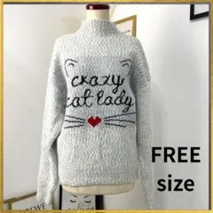 新品　ニット セーター 秋 冬 猫 ネコ　トップス 長袖 タートル グレー