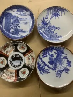 古伊万里 染付 色絵 4枚セット 輪花皿 楼閣山水 竹菊図 銘有 骨董 和食器