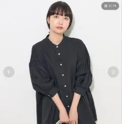 スタンドカラー パフスリーブ ブラウス ブラックのサムネイル