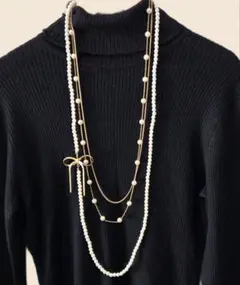 ロングネックレス　リボン　アクセサリー　結婚式　謝恩会　ドレス　パール風　三連