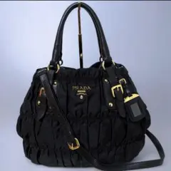 極美品】PRADA ゴーフル ギャザー ナイロン ハンドバッグ ブラック 