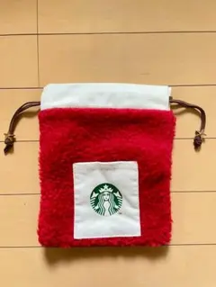 【スタバ】 もこもこ 巾着 赤×白 ポケットのサムネイル