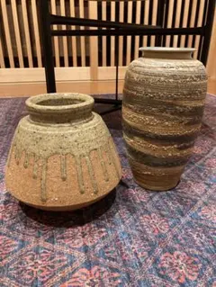 陶器の花瓶 緑と茶色の滴り模様 2点セット 美品！信楽焼/アンティーク/骨董品