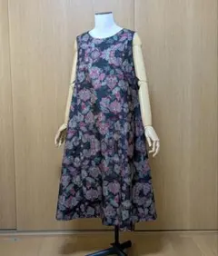 着物リメイク＊藍泥系本場大島紬 花柄文様ノースリーブテント型フレア