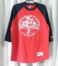 チャンピオン Champion ラグランTシャツ L 赤黒 ロゴ刺繍 七分袖