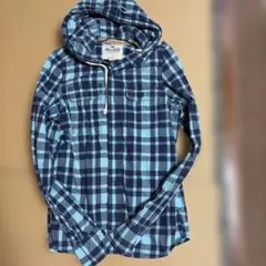 Hollister フード付きチェックアウターブルー Lのサムネイル