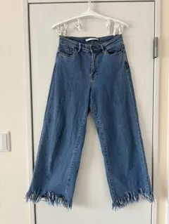 ZARA デニム　ワイド　パンツ　フリンジ