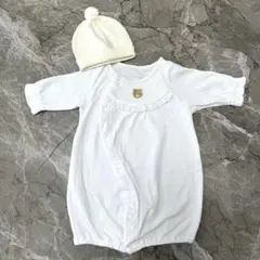 ツーウェイ・ドレスオール ホワイト クマ刺繍帽子付き 50〜60㎝