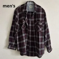メンズLサイズ☆ネルシャツ☆ボルドー 秋 上着チェックジャケット長袖 襟付き古着