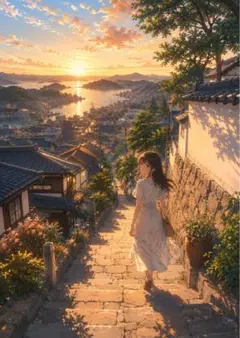 【イラスト】夕暮れの坂道と少女 アートポスター