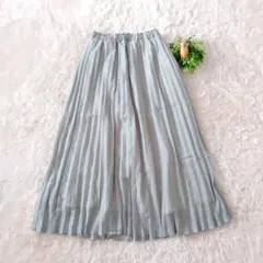 美品earth　くすみミント　プリーツロングスカート　F　ウエストゴム　上品