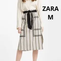 ZARA ◯ストライプ柄タイトスカート 【M】ウエストリボン付きのサムネイル