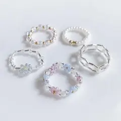 韓国ビーズ♡リング5点set ＼PURPLE×BLUE／