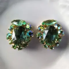 ヴィンテージ　イヤリング　ラインストーン　グリーン　ブルー？　ガラス