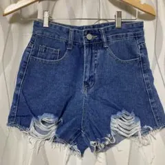 デニムブルー フリンジヘムショートパンツ
