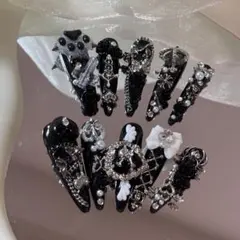 現品 -M地雷系 ネイルチップ 黒白 量産型 十字架 ハンドメイド 韓国Y2K