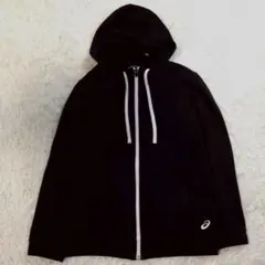 アシックス ジップパーカー ロゴ刺繍(S) 黒 コットン混 シンプル 春コーデ