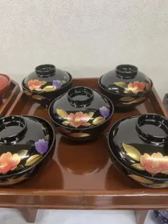 会津塗吸物椀五客　黒地に山茶花柄　未使用品