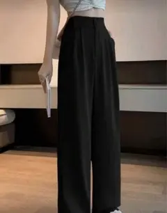ブラックワイドパンツ スラックス 黒 オフィスカジュアル ハイウエスト
