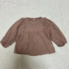 美品　juo 100cm 長袖ブラウス　刺繍　ギンガムチェック　ブラウン