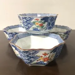 新品未使用 有田焼 色絵 花柄 竹 八角深鉢 中鉢 4点