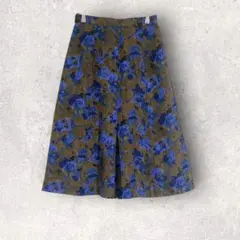 フレアスカート　ロング丈　花柄　バラ　rose 大人かわいい　鮮やか　ブルー　S