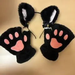 猫耳カチューシャ 肉球手袋 セット コスプレ 黒 JK 文化祭のサムネイル
