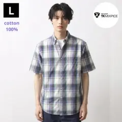 （株）WORLD・THE SHOP TK・ブルー系・チェック柄半袖シャツ (L)のサムネイル