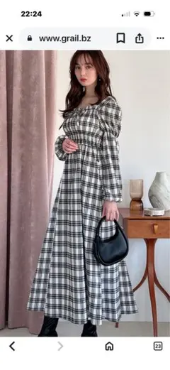 チェック柄ギャザーリボンフレアーロングワンピース