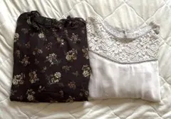 【2点セット】ブラウン 花柄ブラウスF、 ベージュ花柄刺繍ブラウスM