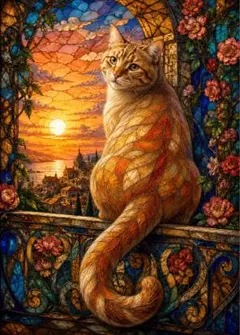 絵画 art 猫の絵 cat 猫 limited 美術品 茶トラ kawaii 一作限り】大聖堂のステンドグラスを見上げる茶トラ猫 茶トラ Q066