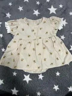 バースデイ　mamaraku ひまわり刺繍 ベージュロンパース 70