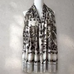 レオナール シルク混ストール フリンジ付 ヒョウ柄×ペイズリー 日本製